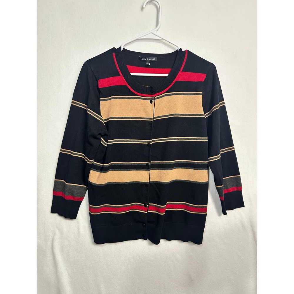 Cable & Gauge Womens XL Cardigan Sweater Black Red Tan Striped Button Front 3/4